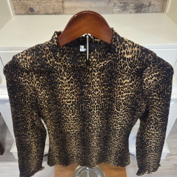 The Kooples Leo Print Long Sleeve Shirt With Ruffled Collar & Wrist- Black &Gold - Picture 7 of 10
